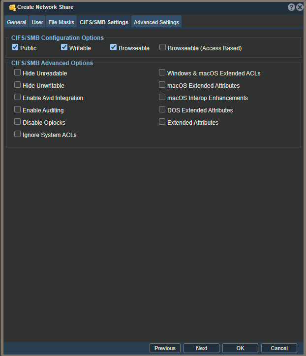 Screenshot of the fourth tab to create a network share